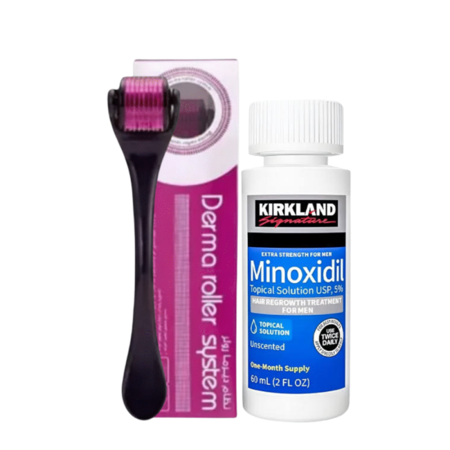 Kirkland Minoxidil 5% + DRS Derma Roller Combo – Professional Hair Regrowth Kit | Hair Regrowth Kit for Men